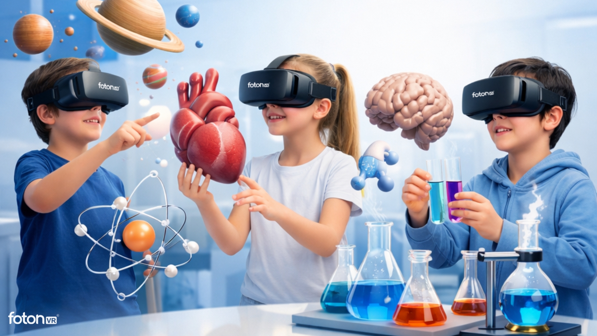 Group of students using fotonVR headsets in a school VR lab
